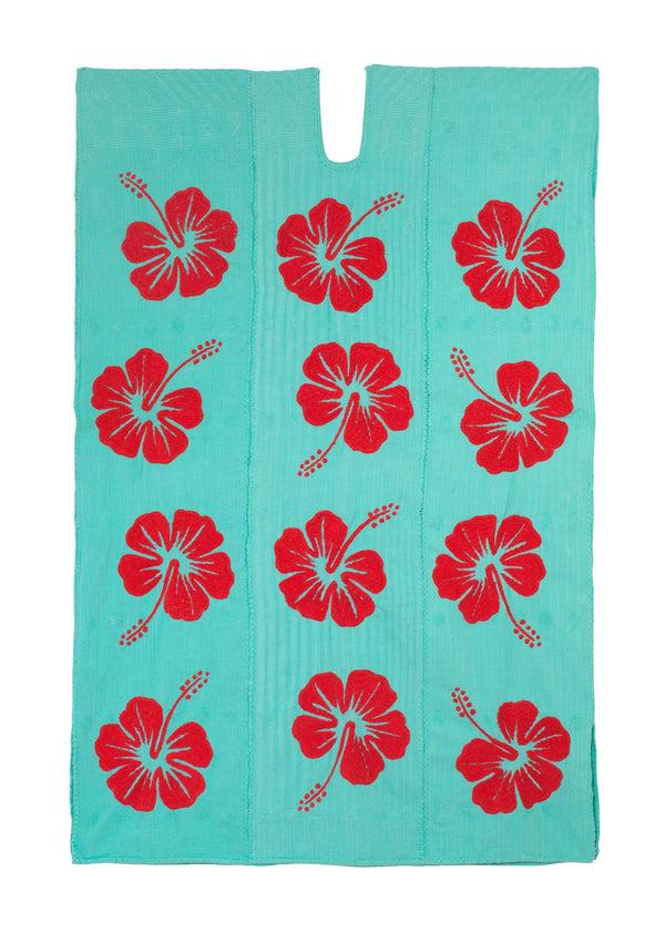 Pippa Holt Kaftan No.693 Three Panel Midi Kaftan In Mint With Red Hibiscus Design