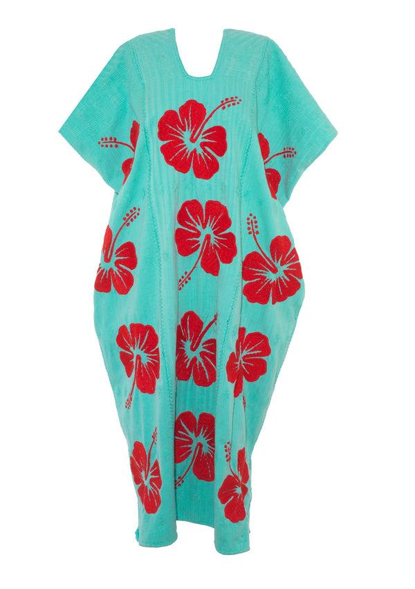Pippa Holt Kaftan No.693 Three Panel Midi Kaftan In Mint With Red Hibiscus Design