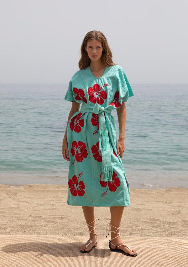 pippa holt Kaftan No.693 Three panel midi kaftan in mint with red hibiscus design