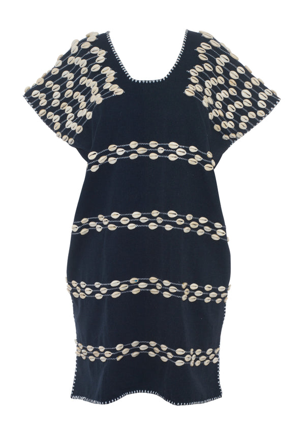 Pippa Holt Kaftan No.697 Single Panel Mini Kaftan In Navy With Shells Design