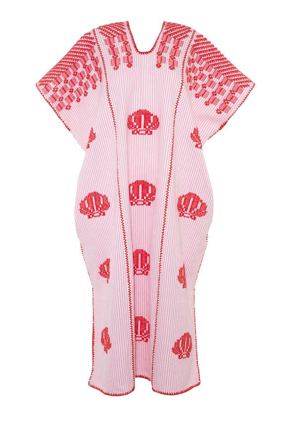 Pippa Holt Kaftan No.698 Three Panel Midi Kaftan In White And Pink Stripe With Red Shells Design