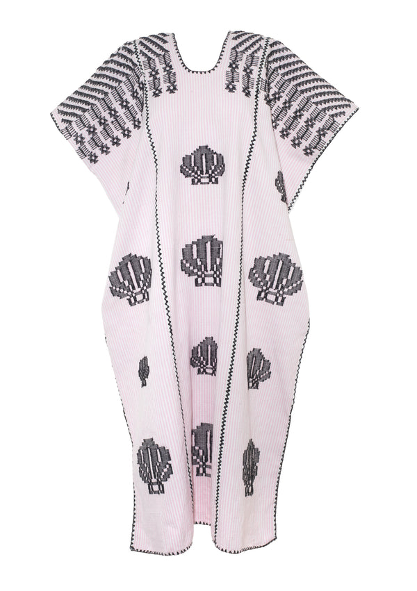 Pippa Holt Kaftan No.699 Three Panel Midi Kaftan In Pink And White Stripe With Black Shells Design