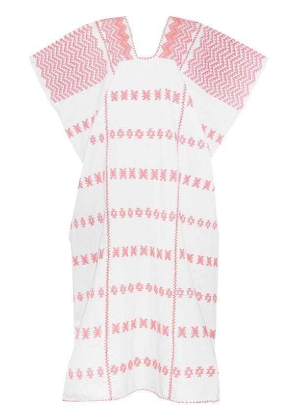 Pippa Holt Kaftan No.70 Three Panel Maxi Kaftan In White With Coral Coloured Design