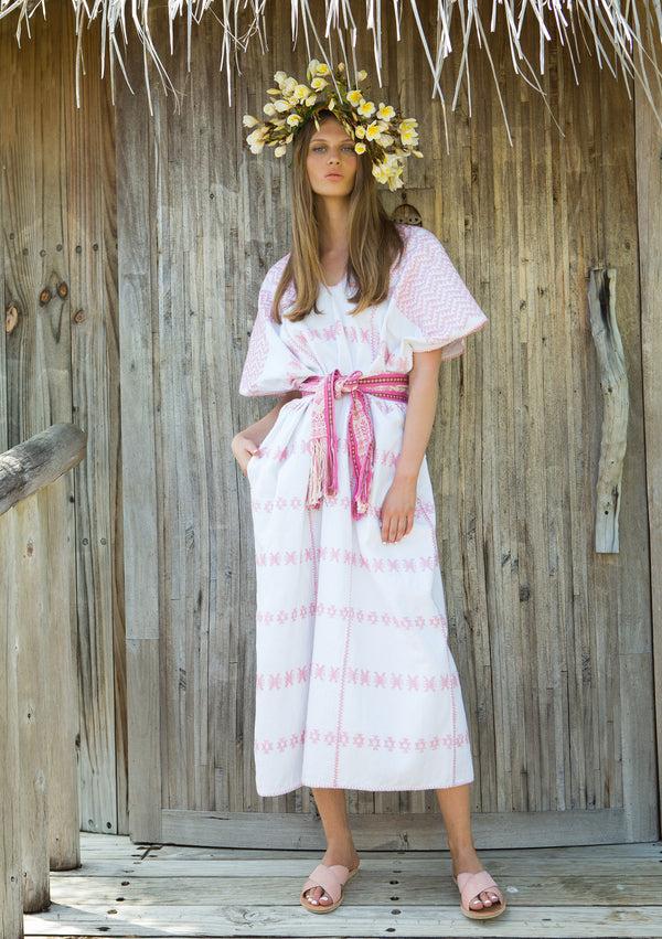 pippa holt Kaftan No.70 Three panel maxi kaftan in white with coral coloured design