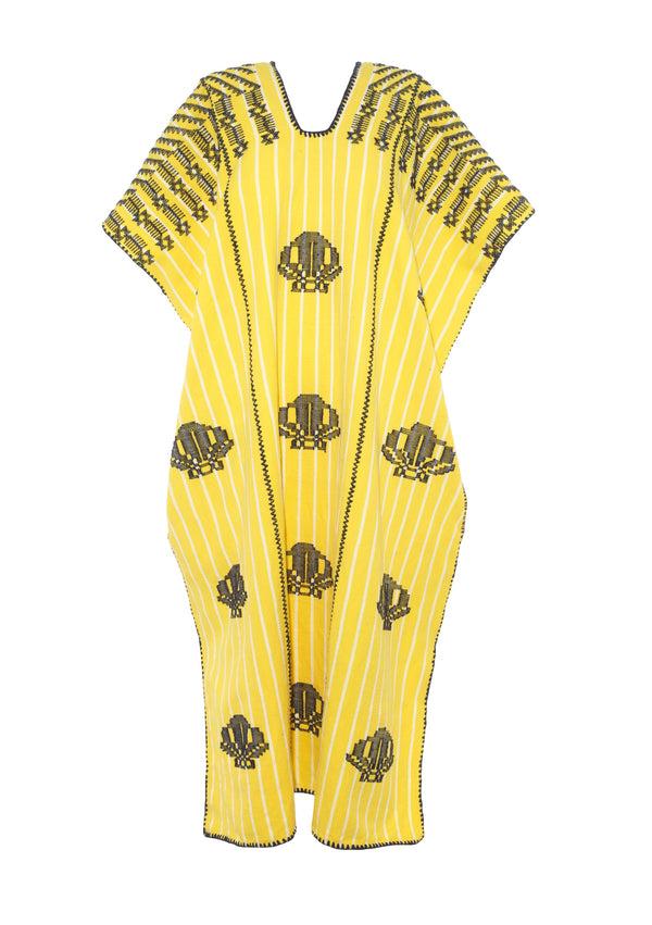 Pippa Holt Kaftan No.701 Three Panel Midi Kaftan In Yellow And White Stripe With Dark Navy Shells Design