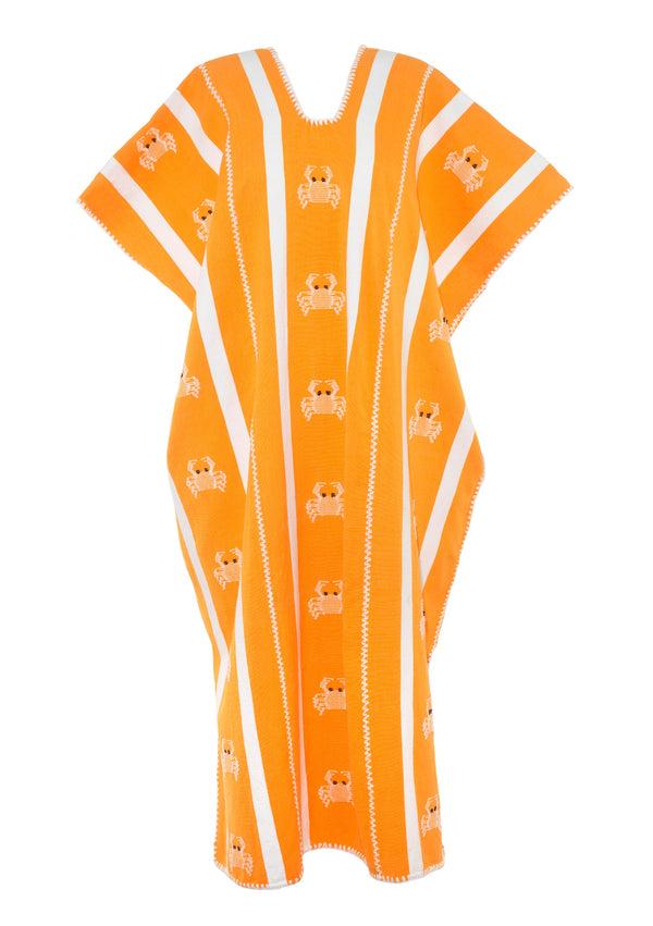 Pippa Holt Kaftan No.703 Three Panel Midi Kaftan In Orange And White Stripe With White Crab Design