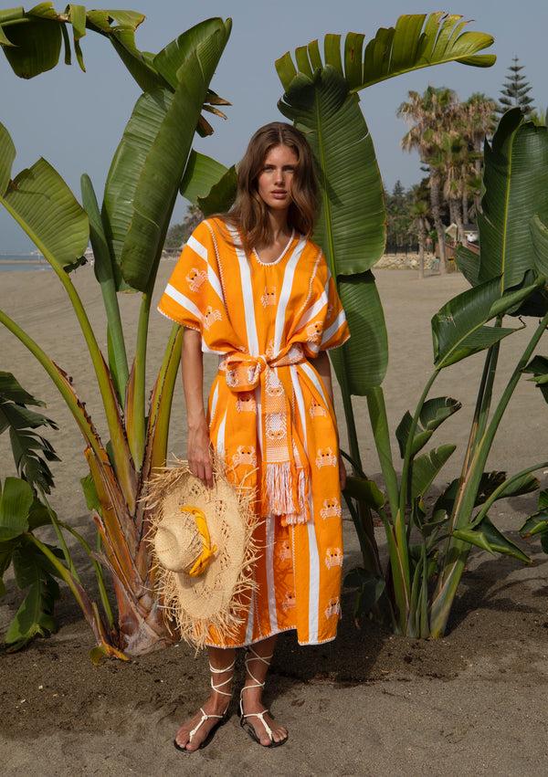 pippa holt Kaftan No.703 Three panel midi kaftan in orange and white stripe with white crab design