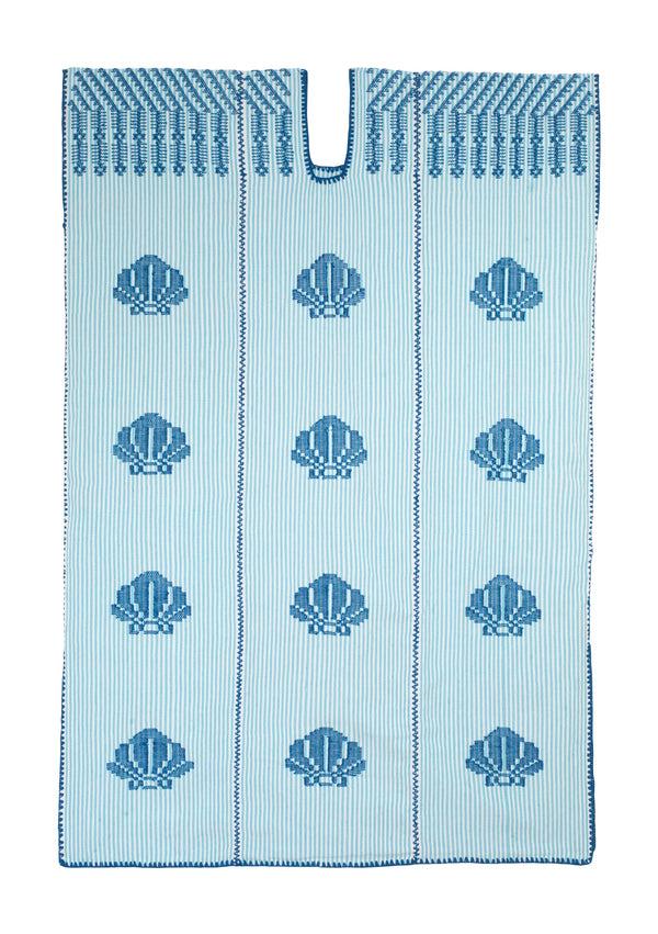 Pippa Holt Kaftan No.707 Three Panel Midi Kaftan In White And Baby Blue Stripe With Blue Shells Design