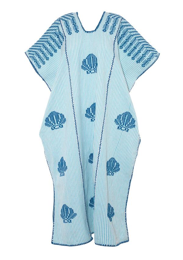 Pippa Holt Kaftan No.707 Three Panel Midi Kaftan In White And Baby Blue Stripe With Blue Shells Design