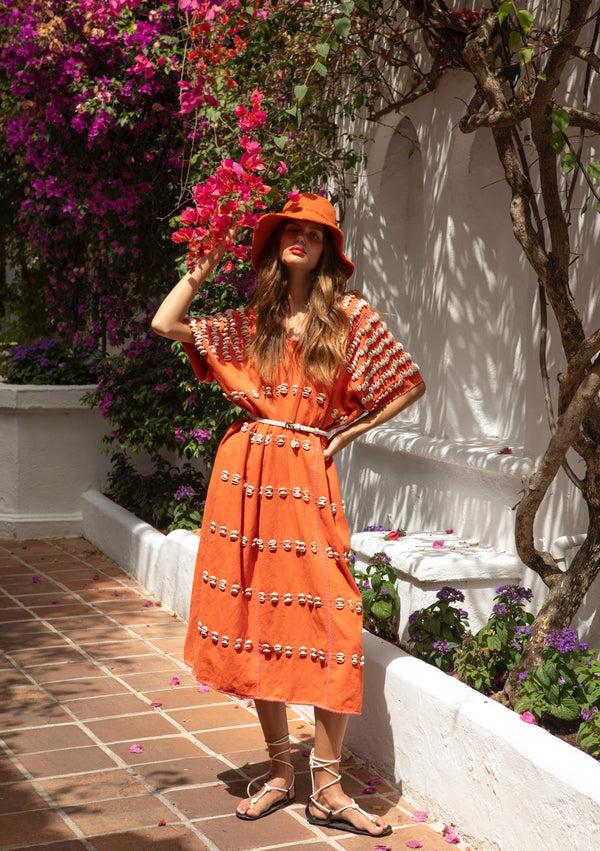 pippa holt Kaftan No.709 Three panel midi kaftan in orange and shells