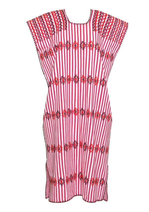 Pippa Holt Kaftan No.71 Single Panel Midi Kaftan In Dark Pink And White Stripe With Burgundy Design