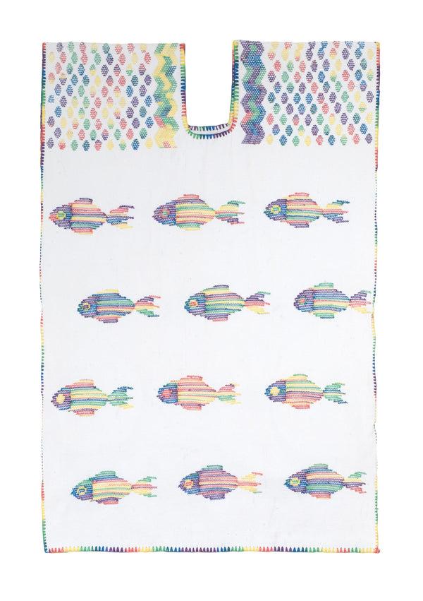 Pippa Holt Kaftan No.713 Single Panel Mini Kaftan In White With Multicoloured Fish Design