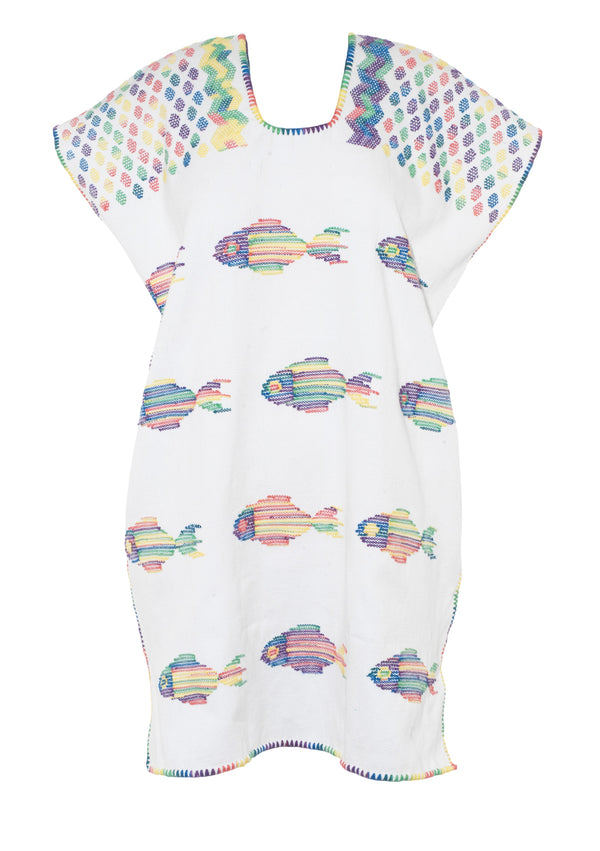 Pippa Holt Kaftan No.713 Single Panel Mini Kaftan In White With Multicoloured Fish Design