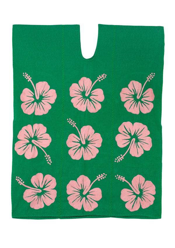 Pippa Holt Kaftan No.717 Three Panel Mini Kaftan In Green With Pink Hibiscus Embroidery Design