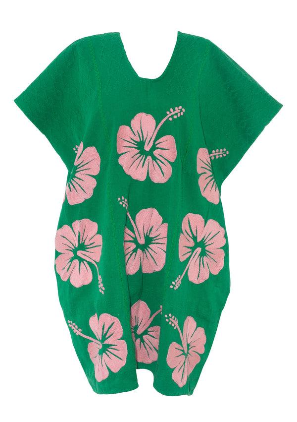 Pippa Holt Kaftan No.717 Three Panel Mini Kaftan In Green With Pink Hibiscus Embroidery Design