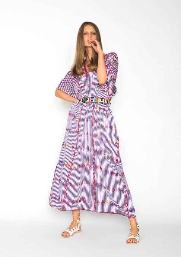 Pippa Holt Kaftan No.72 Three Panel Maxi Kaftan In Purple/white With Multicoloured Design