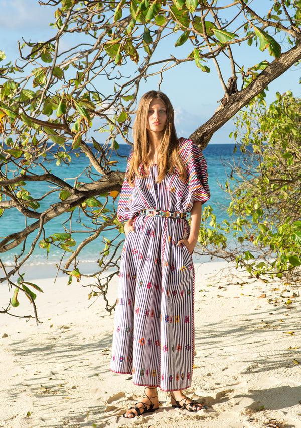 pippa holt Kaftan No.72 Three panel maxi kaftan in purple/white with multicoloured design