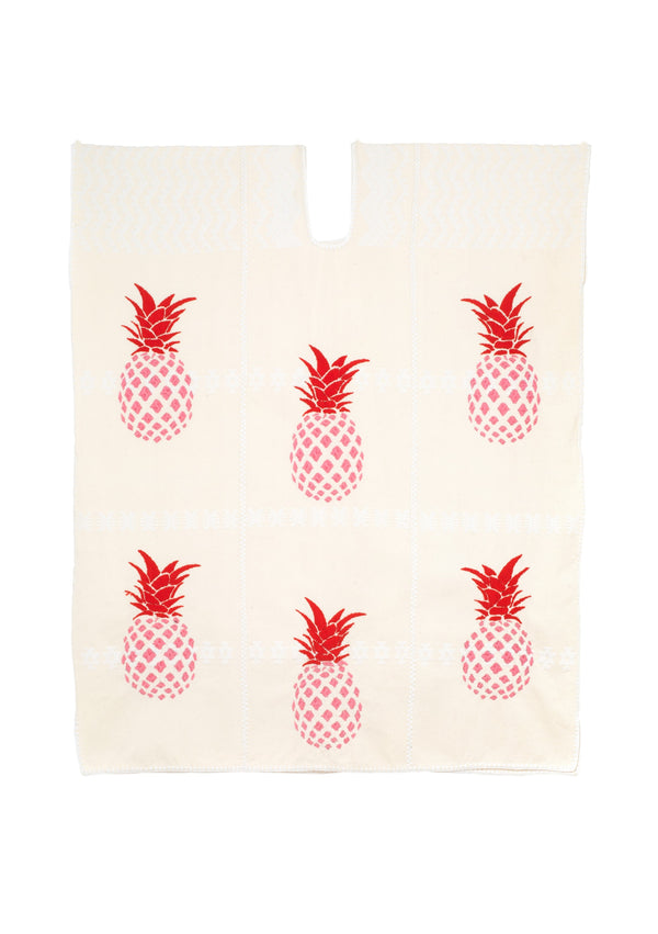 Pippa Holt Kaftan No.721 Three Panel Mini Kaftan In White/cream With Pink And Red Pineapple Front Design