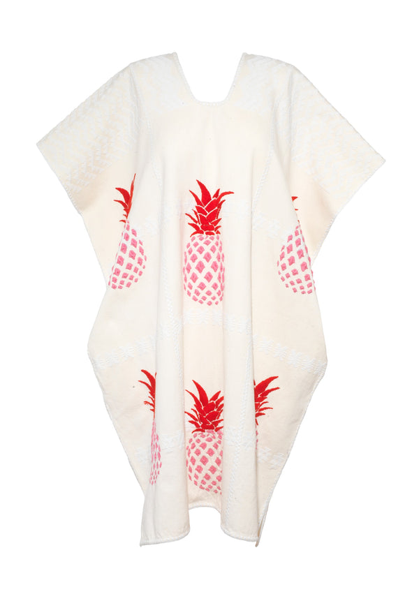 Pippa Holt Kaftan No.721 Three Panel Mini Kaftan In White/cream With Pink And Red Pineapple Front Design