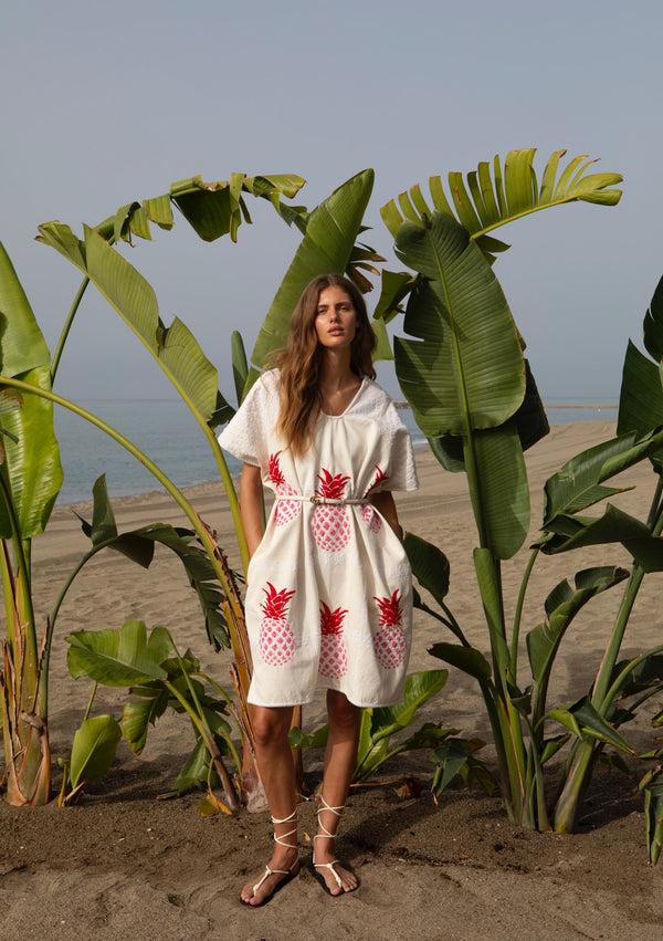 pippa holt Kaftan No.721 Three panel mini kaftan in white/cream with pink and red pineapple front design