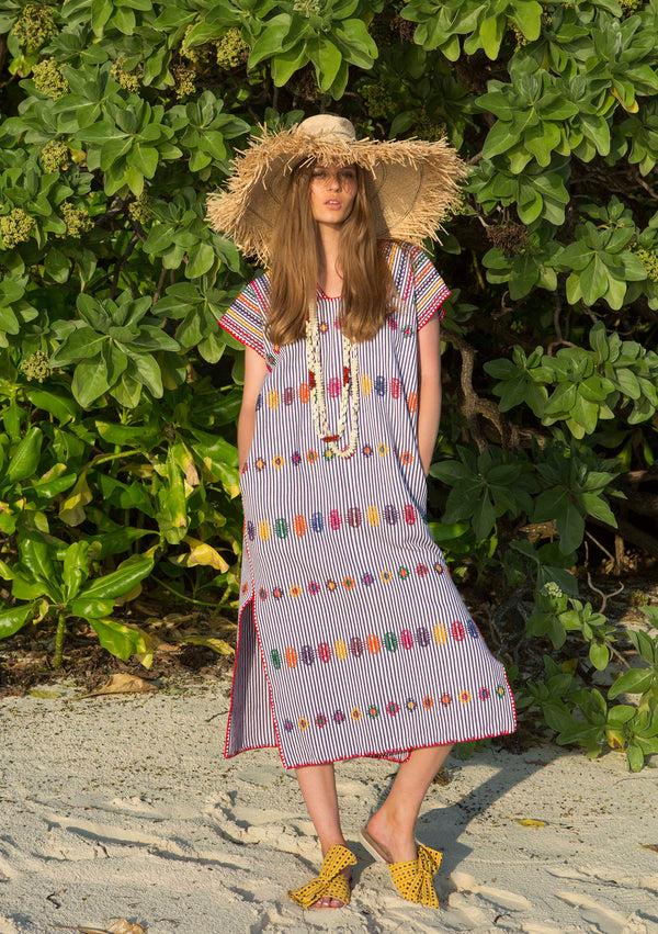 pippa holt Kaftan No.73 Single panel midi kaftan in purple/white stripe with multi coloured design