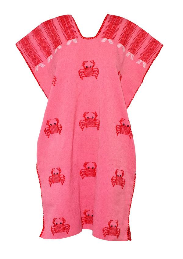 Pippa Holt Kaftan No.736 Single Panel Mini Kaftan In Pink With Red Crab Design