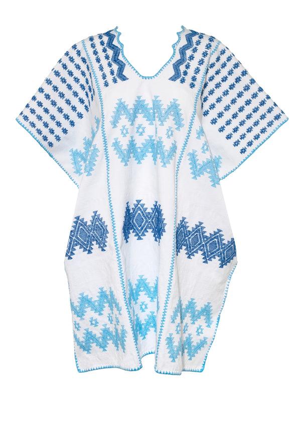Pippa Holt Kaftan No.739 Three Panel Mini Kaftan In White With Baby Blue And Blue Zig Zag Design