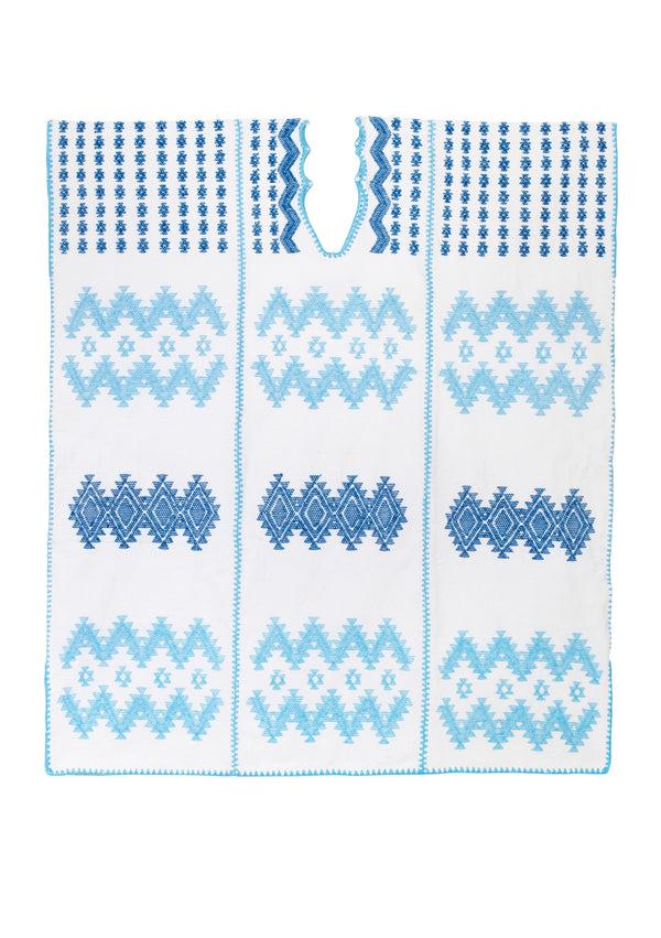 pippa holt Kaftan No.739 Three panel mini kaftan in white with baby blue and blue zig zag design