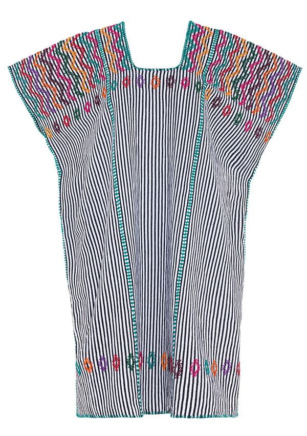 Pippa Holt Kaftan No.74 Three Panel Mini Kaftan In Black And White Stripe With Multicoloured Design