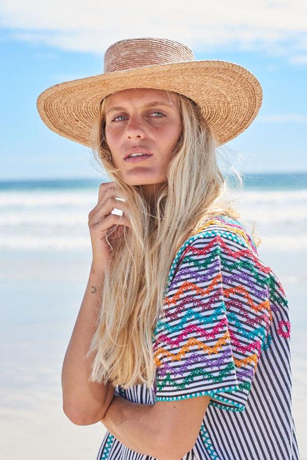Pippa Holt Kaftan No.74 Three Panel Mini Kaftan In Black And White Stripe With Multicoloured Design