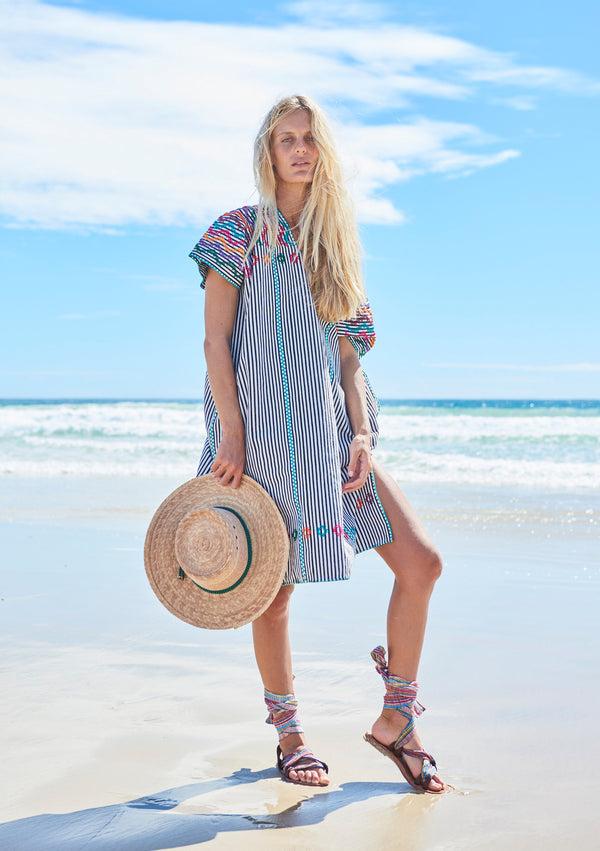 pippa holt Kaftan No.74 Three panel mini kaftan in black and white stripe with multicoloured design