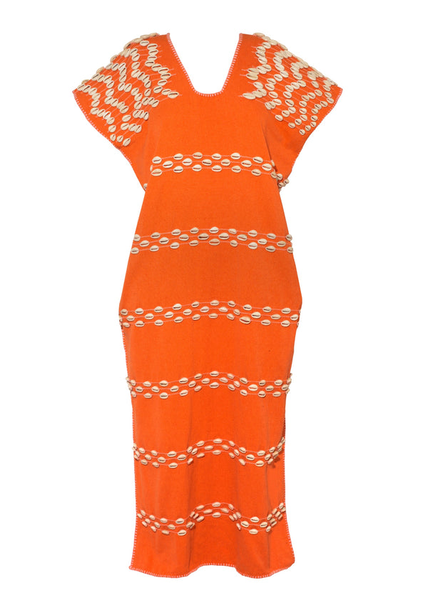 Pippa Holt Kaftan No.745 Single Panel Midi Kaftan In Orange With Shells