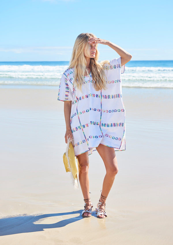 pippa holt Kaftan No.75 Three panel supermini kaftan in cream with rainbow design