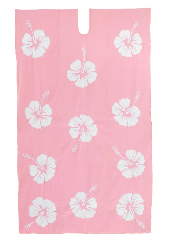 Pippa Holt Kaftan No.750 Three Panel Midi Kaftan In Pink With White Hibiscus Embroidery Design
