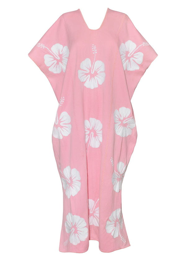 Pippa Holt Kaftan No.750 Three Panel Midi Kaftan In Pink With White Hibiscus Embroidery Design