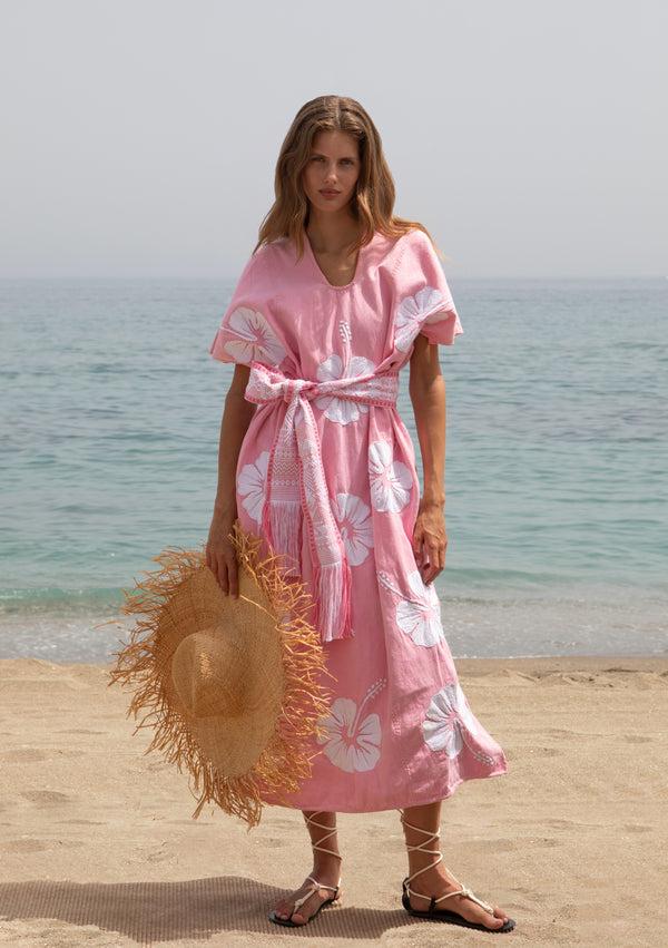 pippa holt Kaftan No.750 Three panel midi kaftan in pink with white hibiscus embroidery design