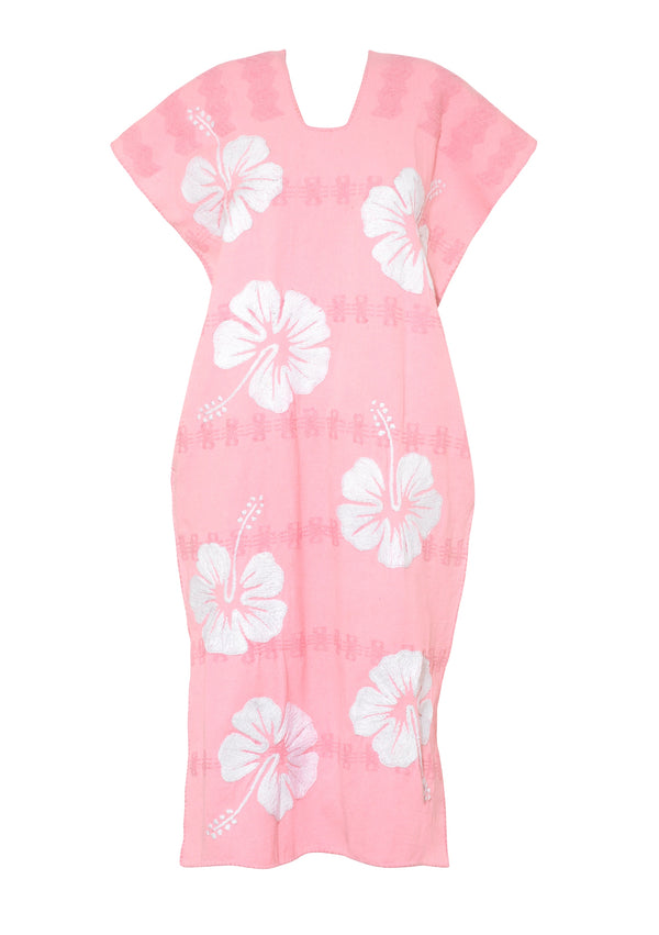 Pippa Holt Kaftan No.755 Single Panel Midi Kaftan In Pink With White Hibiscus Embroidery Design