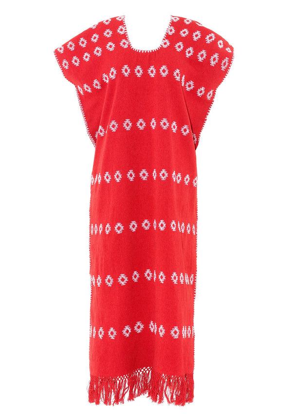 Pippa Holt Kaftan No.76 Single Panel Maxi Kaftan In Red With White Design And Fringed Hem
