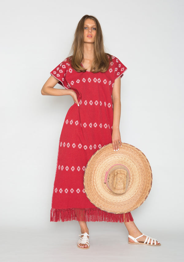 Pippa Holt Kaftan No.76 Single Panel Maxi Kaftan In Red With White Design And Fringed Hem