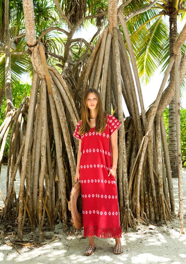 pippa holt Kaftan No.76 Single panel maxi kaftan in red with white design and fringed hem