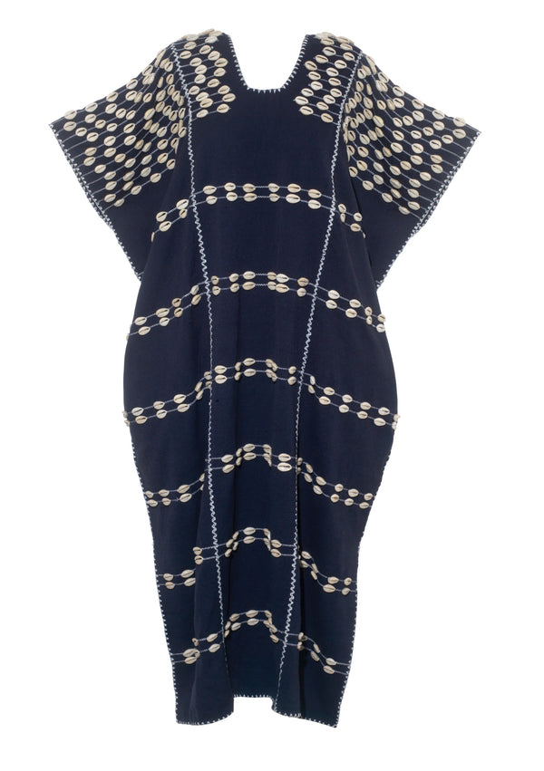 Pippa Holt Kaftan No.767 Three Panel Midi Kaftan In Navy With Shells Design