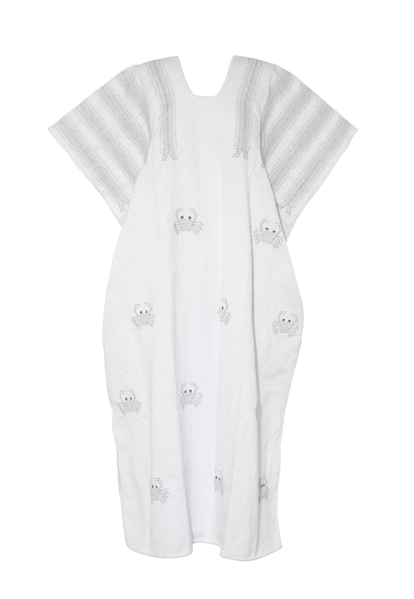 Pippa Holt Kaftan No.768 Three Panel Midi Kaftan In White With Silver Metallic Crab Design
