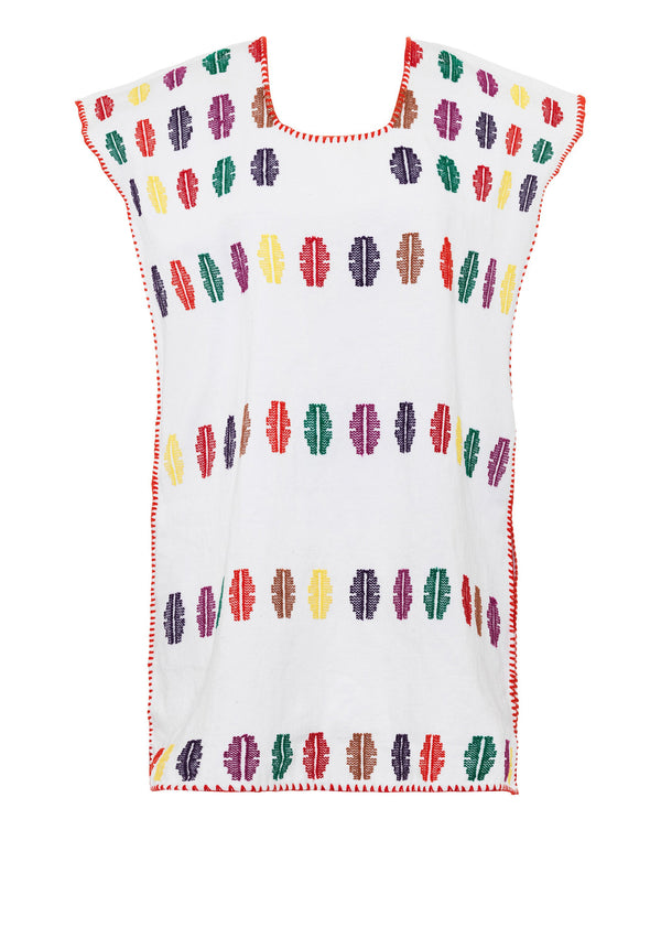 Pippa Holt Kaftan No.77 Single Panel Supermini Kaftan In White With Large Multicoloured Motifs