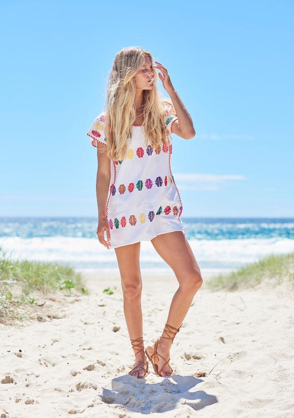 pippa holt Kaftan No.77 Single panel supermini kaftan in white with large multicoloured motifs