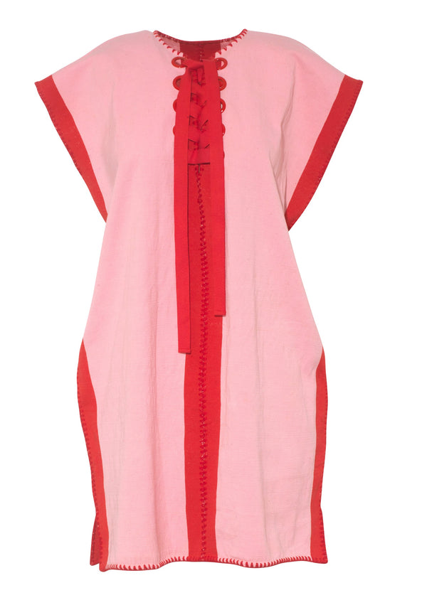 Pippa Holt Kaftan No.772 Single Panel Mini Kaftan In Pink And Red Stripes With Lace-up Detail In Red