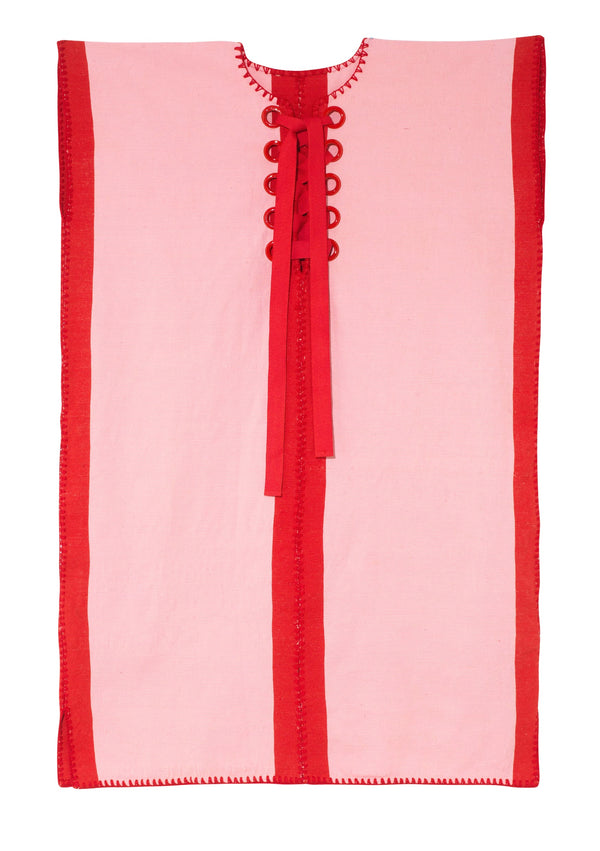 pippa holt Kaftan No.772 Single panel mini kaftan in pink and red stripes with lace-up detail in red