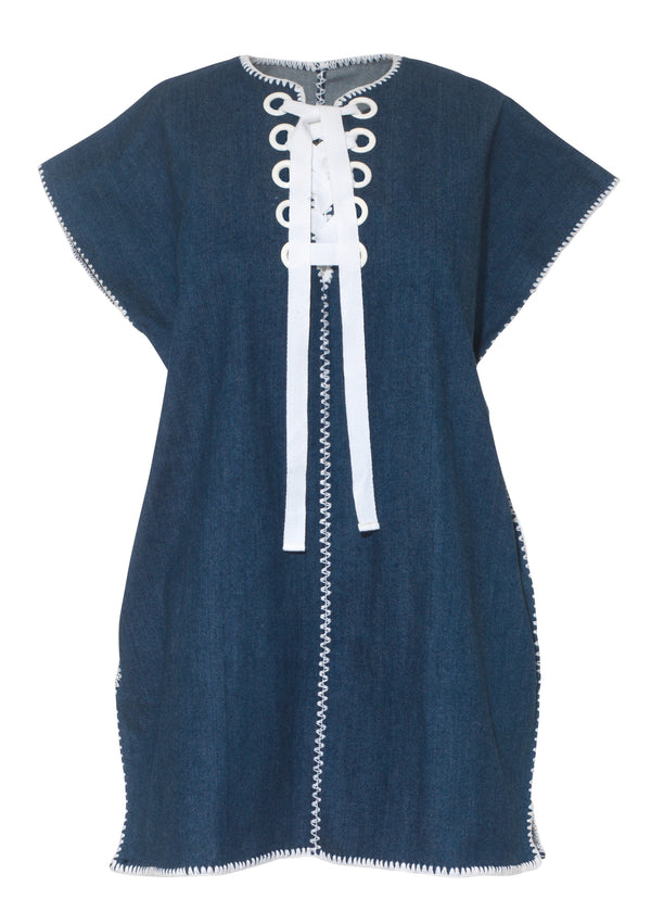 Pippa Holt Kaftan No.774 Single Panel Supermini Kaftan In Dark Denim With Lace-up Detail In White