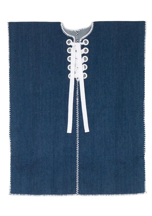 pippa holt Kaftan No.774 Single panel supermini kaftan in dark denim with lace-up detail in white