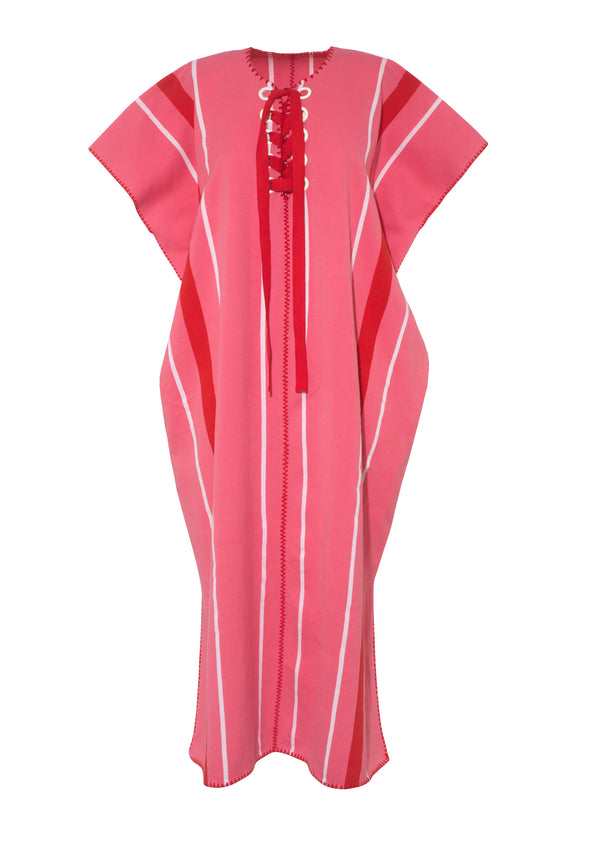 Pippa Holt Kaftan No.775 Two Panel Midi Kaftan In Watermelon Pink Red And White Stripes With Lace-up Detail In Red