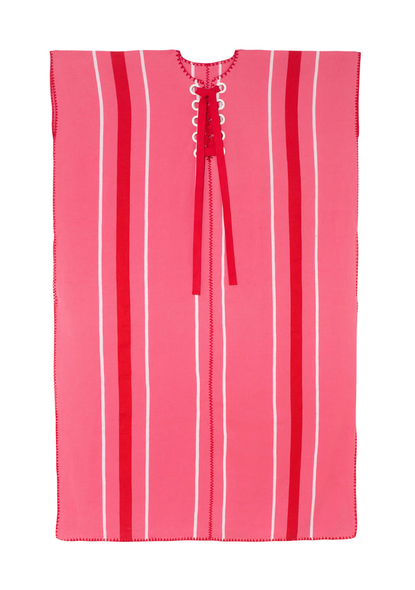 pippa holt Kaftan No.775 Two panel midi kaftan in watermelon pink red and white stripes with lace-up detail in red